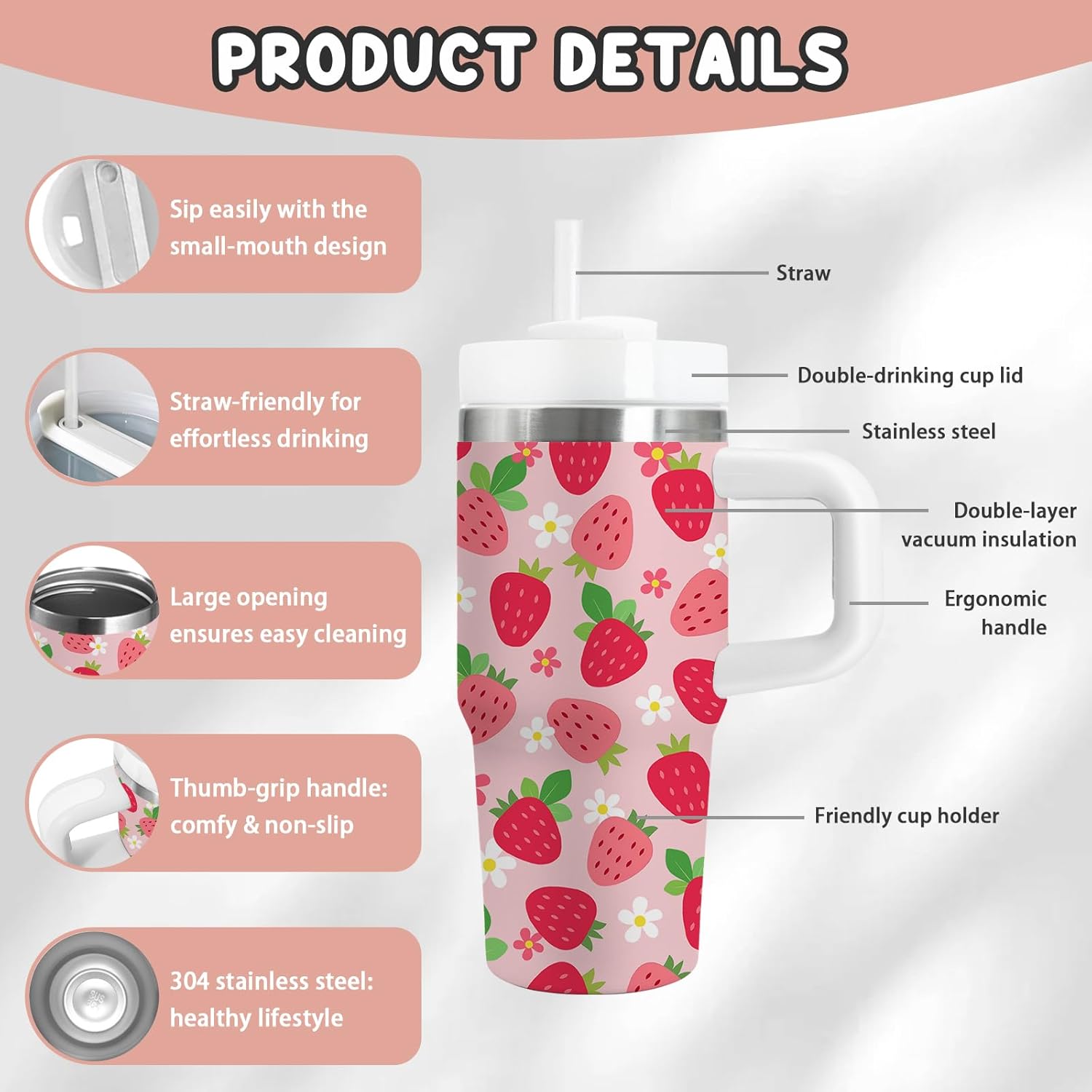 Strawberry Gifts for Girls - 14oz Pink Kids Strawberry Tumbler with Handle and Straw, Stainless Steel Insulated Water Cup, for School, Travel - Strawberries Themed Children Birthday Gift Cup(1pc) - Image 4
