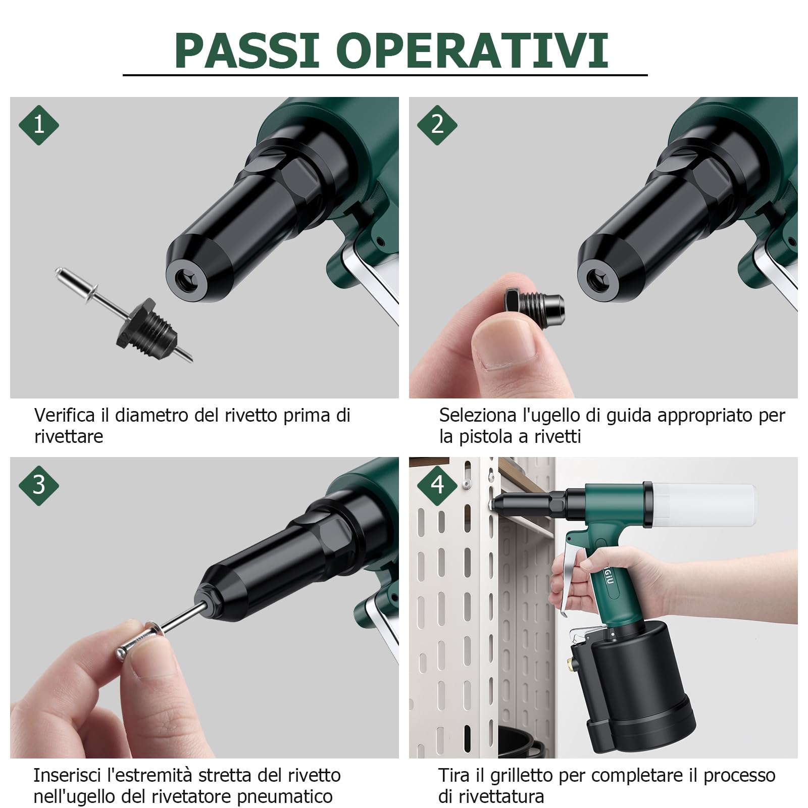 JiGiU Rivettatrice ad Aria Professionale per Rivetti 2.4-4.8mm Rivettatrice Pneumatica 1408KGF con Forza di Trazione, Attacco Europeo e Grifi - per Auto, Industria, Fai Da Te