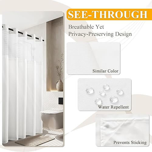 Miniatura 5 de Jowels Cortina de ducha de tela de lino blanco, sin gancho, juego de cortina de ducha de tela con forro a presión, decoración moderna de granja,