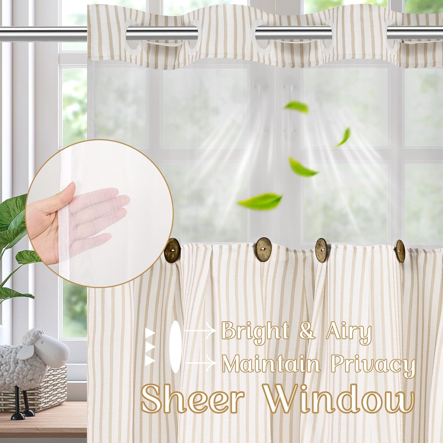 ASPMIZ Farmhouse Shower Curtain Set, No Hook Shower Curtain with Snap in Liner Fabric, Boho Washable Waterproof Bathroom Curtains Rustic Country, Mesh Top Window, Beige Striped, 71"x 86"