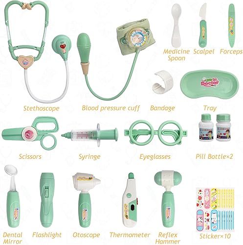 Miniatura 7 de Liberry Kit médico para niños pequeños de 3, 4, 5 años, 30 piezas de juguete médico con estetoscopio, disfraz, juego médico verde, regalo de