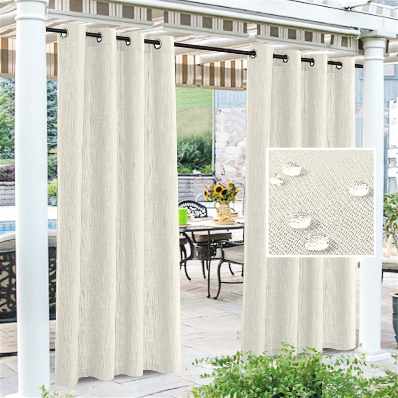 Outdoor gazebo curtains waterproof natural linen curtains with eyelet Windproof and UV protection Thermal Insulated Blackout Curtain for Patio Gazebo Porch bedroom,2 Panels,Ivory,WxL:52x95 inch
