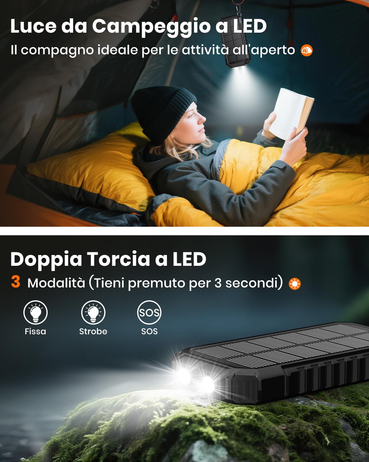 Power Bank Solar 20000mAh - 15W Caricatore Rapido Portatile 3 Cavi Integrati con Torcia LED - 5 Uscite, Caricatore Solare Cellulare per iPhone 17/16/15/14/13 e Android