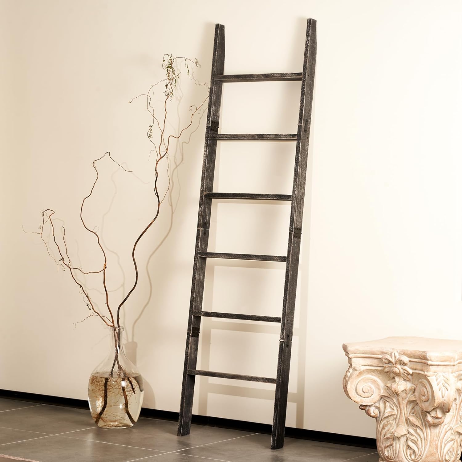 Blanket Ladder for The Living Room 6-Tier, Wooden Decorative Quilt Holder for Bed Room, Wall-Leaning Towel Rack for Bathroom，Rustic Farmhouse Ladders for Display. (White Wash)