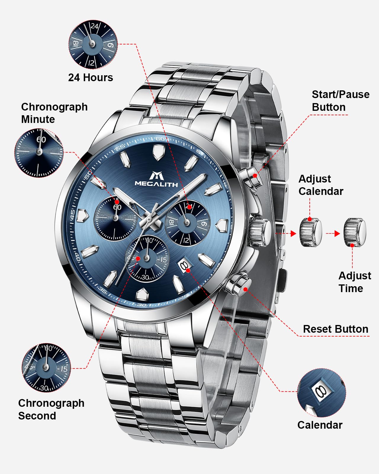 MEGALITH Herren Uhr Edelstahl Armbanduhr: Chronograph Analog Wasserdicht Herrenuhr mit Leuchtend Datum - Elegantes Geschenk für Business Männer