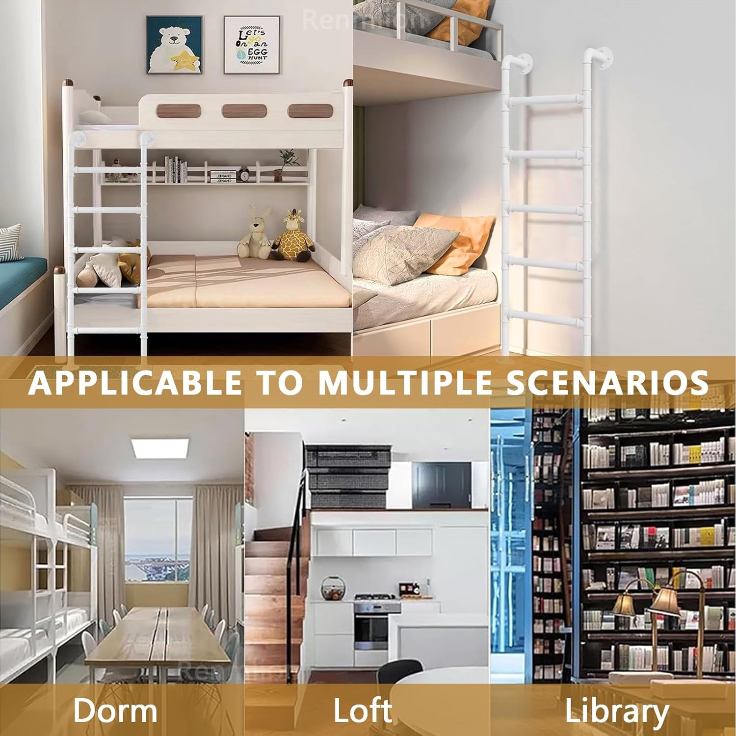 White Metal Wall Ladder Forged Iron Loft Ladder for Bunk Beds Multifunctional Climbing Ladder for High Walls Outdoor Warehouse & Basement Use (145cm)