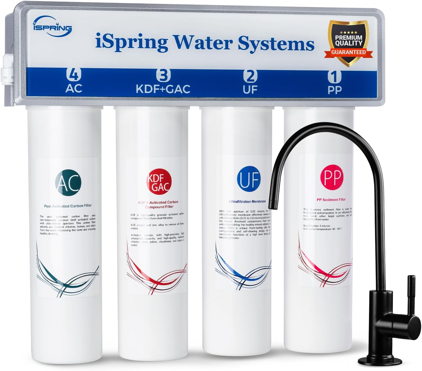 iSpring CUA4-BLK 0.01 Micron Ultra Filtration Under Sink Water Filter System, High Capacity Tankless 4-Stage Ultrafiltration Water Filter, Removes 99.99% Contaminants, Quick Filter Change with Faucet