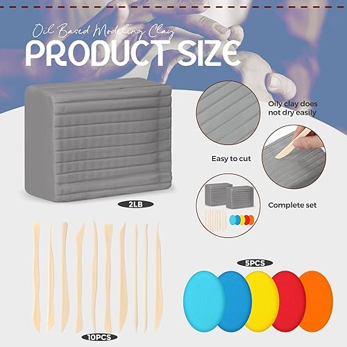 Miniatura 2 de Paquete de 2 arcilla para modelar a base de aceite que no se seca, 4 libras con 15 piezas, juego de herramientas de escultura de cerámica, no