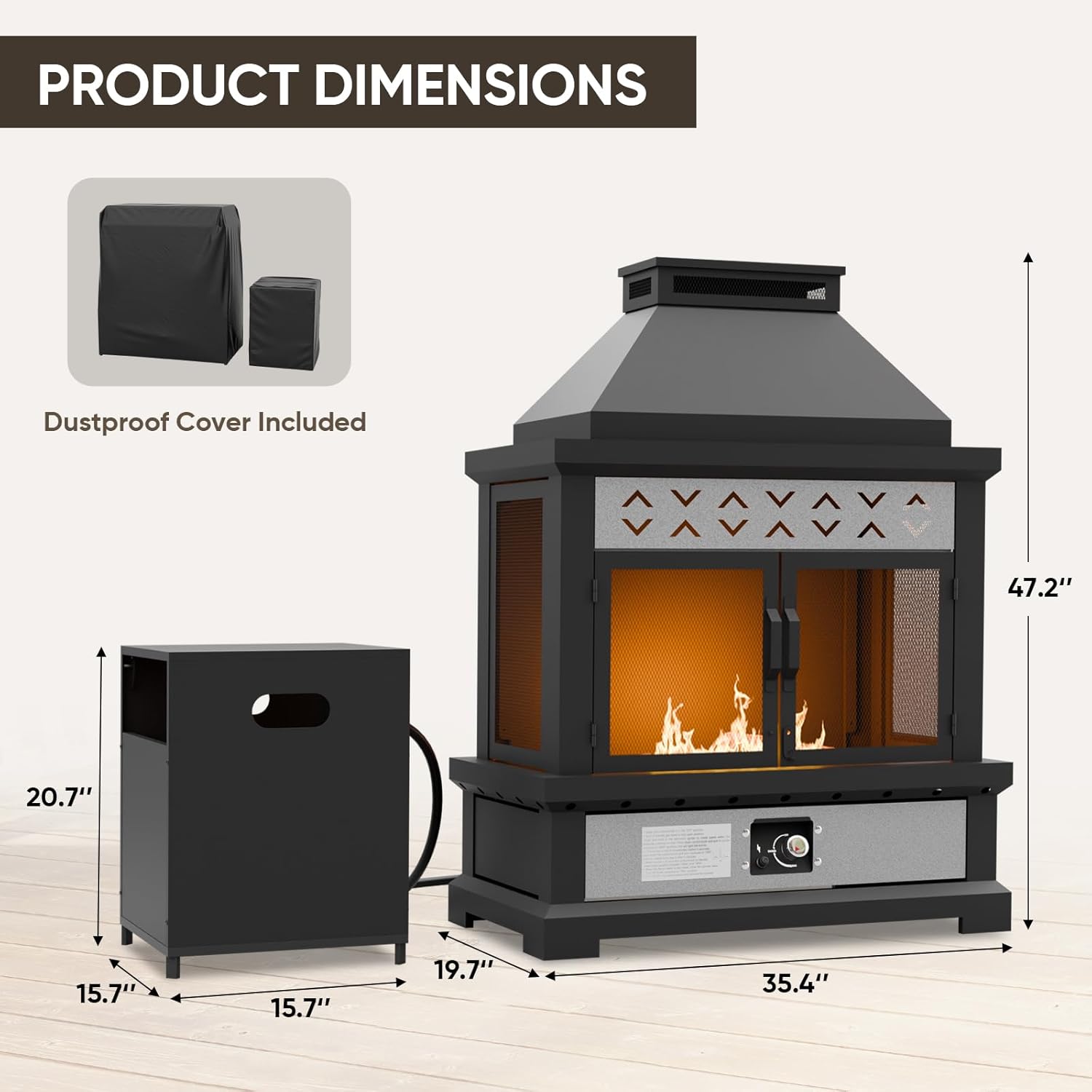 35’’ Smokeless Outdoor Propane Fireplace with Tank Storage & Mesh Door, CSA Certified 50,000 BTU Patio Fire Pit with Cover for Garden, Backyard and Patio, Black/Beige