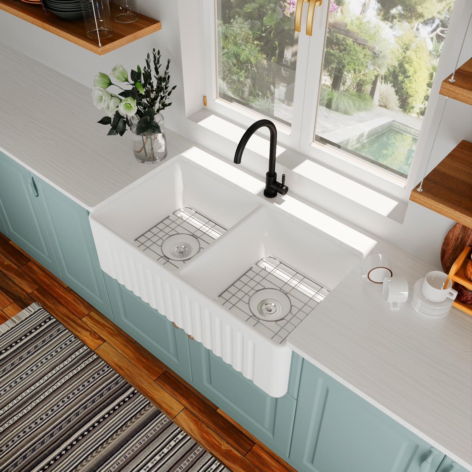 Double Bowl Farmhouse Sink 33 inch, DeerValley Ceramic Apron Front White Farm Sink, Deep Drop-in Fireclay Undermount Reversible Sinks with Grid & Strainer