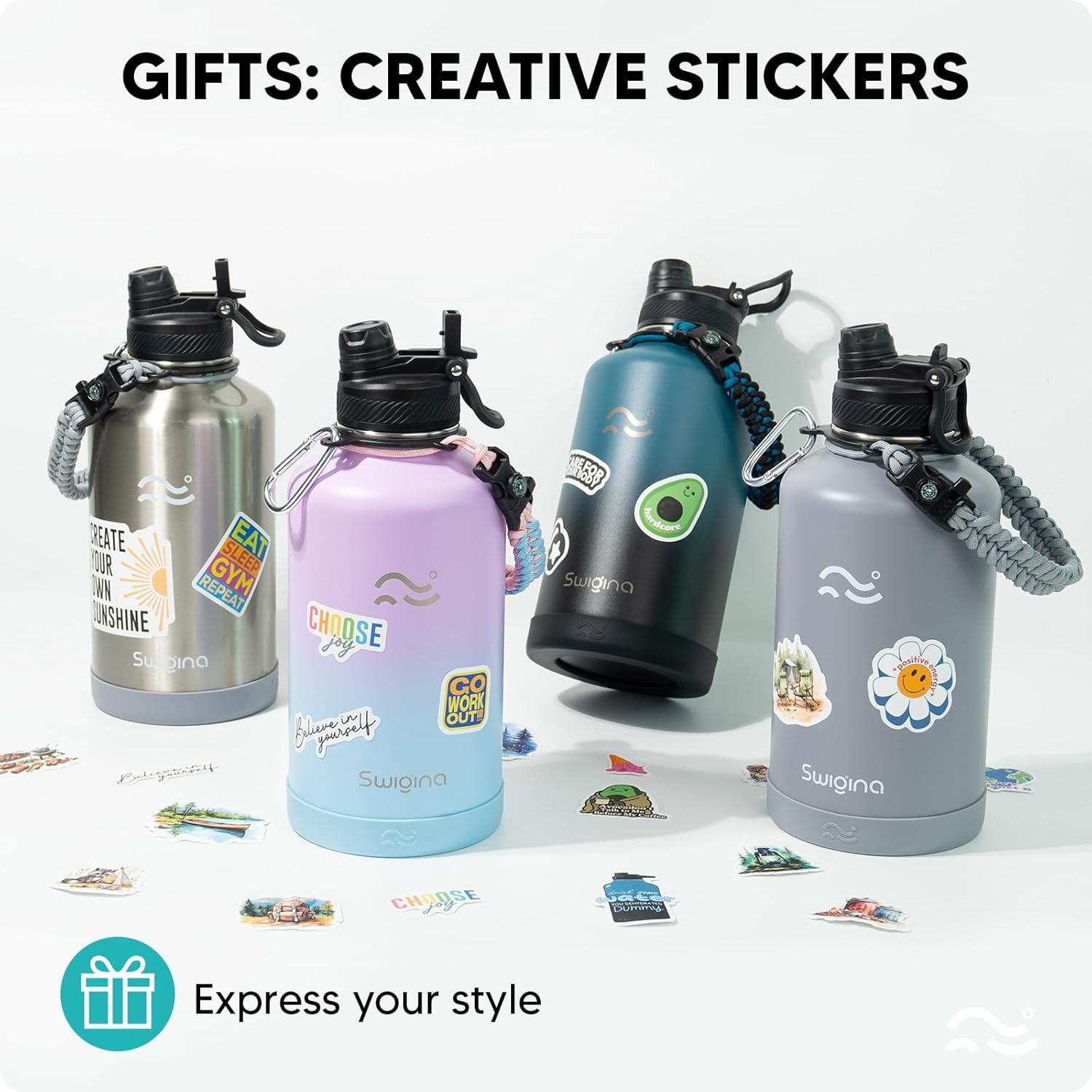 [2-IN-1 LID] 64 oz Insulated Water Bottle with Silicone Boot (48hrs Cold/24hrs Hot) - DIY Stickers, Leakproof, BPA Free, Half Gallon - Image 5