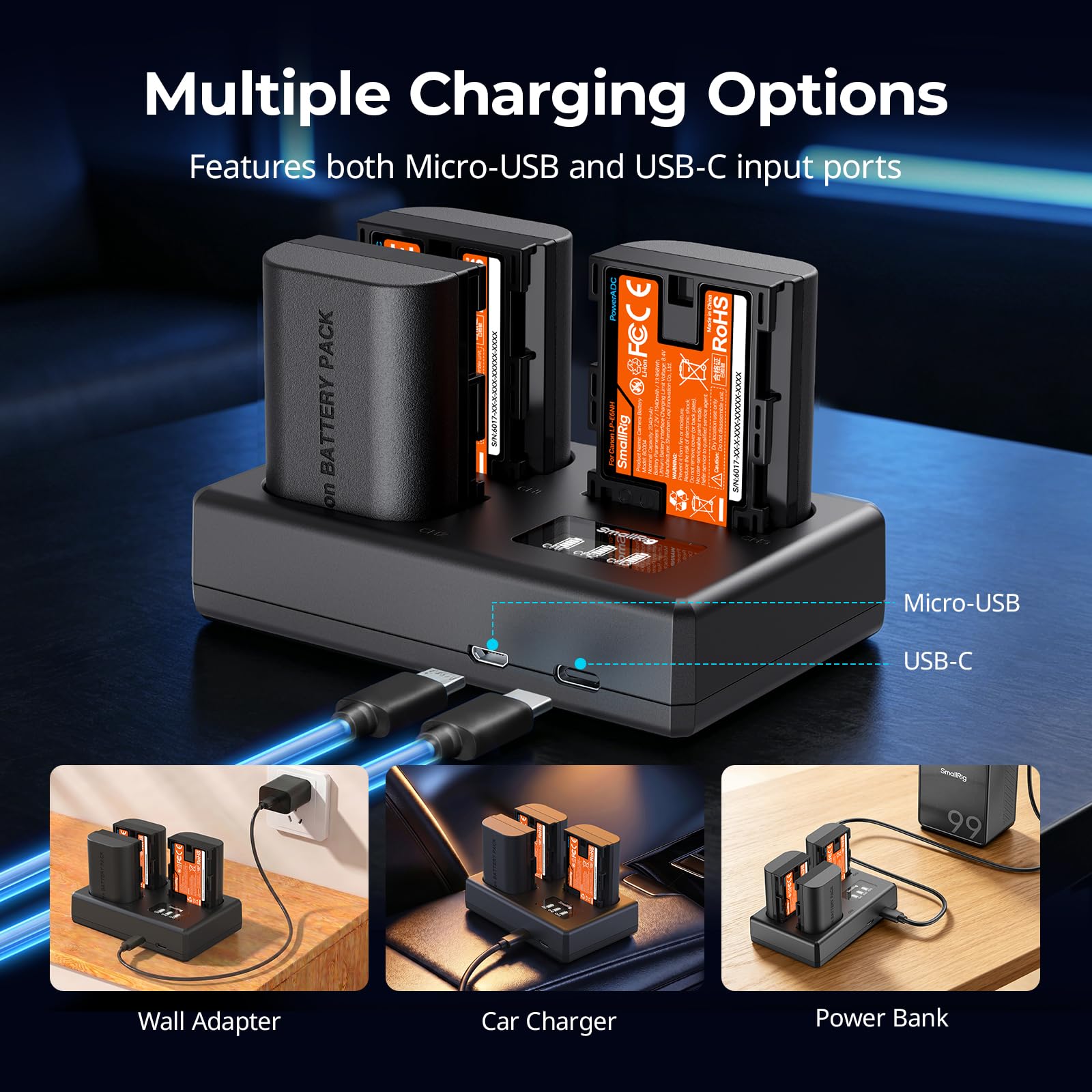 SMALLRIG Kit de Batterie LP-E6NH appareils pour Canon, Chargeur LCD Triple Emplacement avec 3 Batteries 1940 mAh, décodage Complet pour Canon EOS R6 Mark II, R5, R6, R7, R5C, 5D Mark II/III/IV -6017