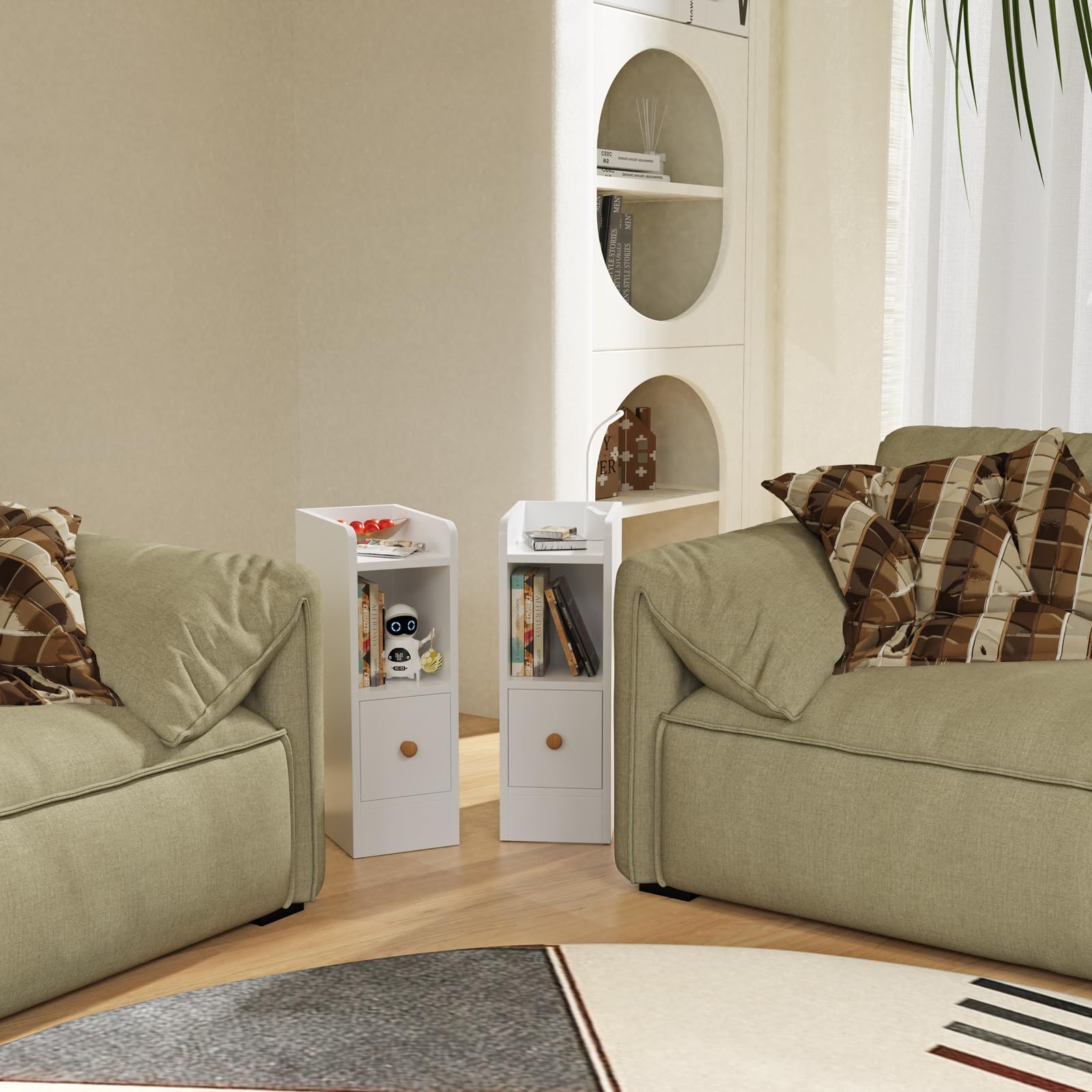Comodino Stretto 20 Cm Per Camera Da Letto - Con Cassetto E Scomparto Aperto, Bianco, Salvaspazio, Per Stanze Piccole