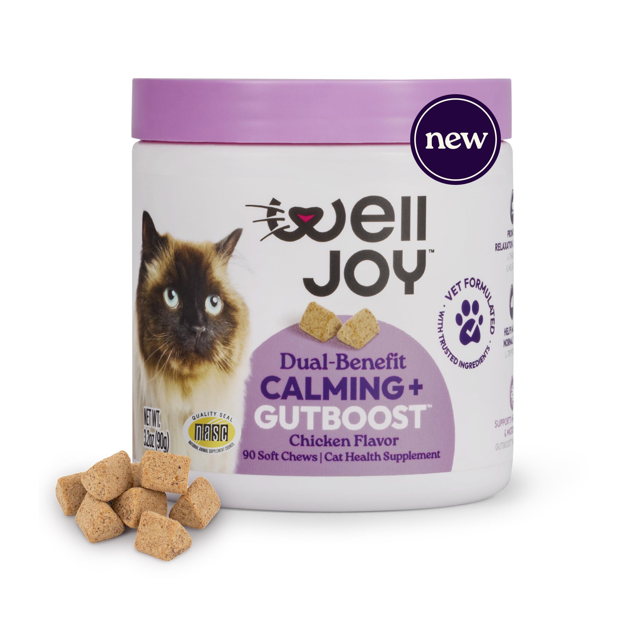 New! WellJoy Cat Supplement Calming+ GutBoost | Cat Health Supplement | Promotes Relaxation & Calmness | Dual-Benefit GutBoost Formulation | Vet Formulated | USA Made | Chicken Flavor | 90 Soft Chews