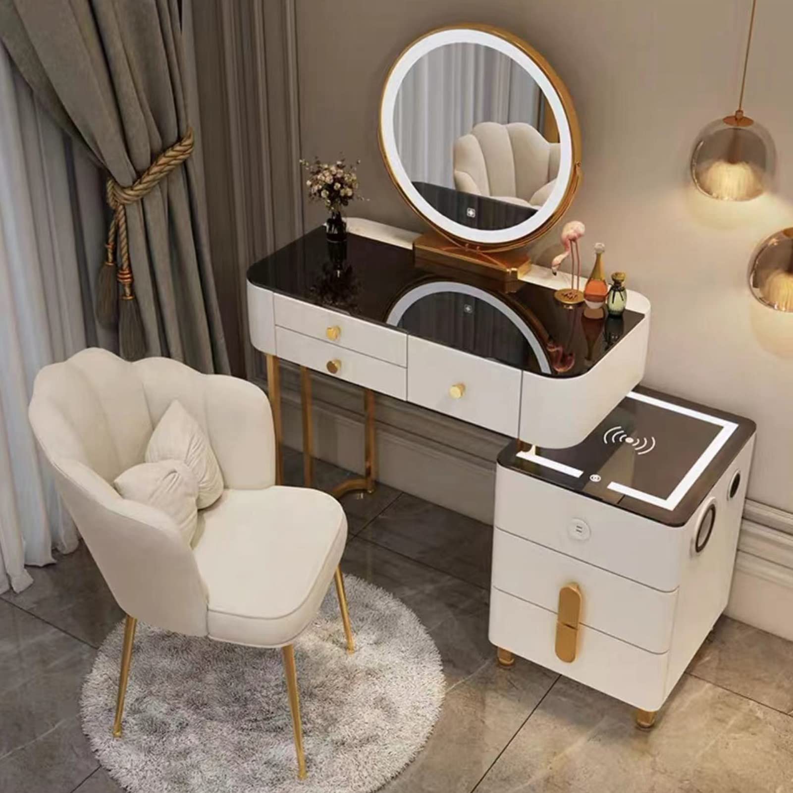 asdchZen Stylish Vanity Table With Usb Charging, 360°Swivel Mirror, Spacious Drawers, Elegant Dressing Desk For Girls & Women-Gray C, 120Cm/47.2In,White B-120cm/47.2in