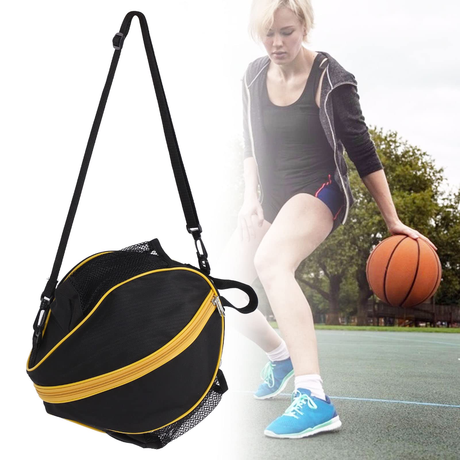 Leapiture Ball Storage Pouch Sports Bag Round Mesh Basketball Bags Oxford Cloth Football Storage Pouch Basketball Gear Bag for Indoor Exercise Sport(Black Cloth with Yellow Edge)