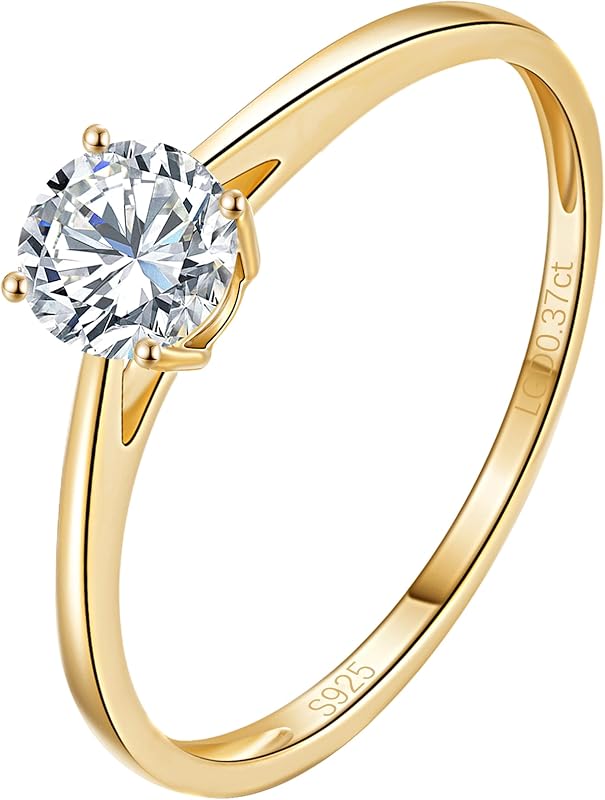 0.3-2 Carat Lab Grown Diamond Engagement Rings for Women, 14K Gold Plated Sterling Silver Rings, IGI Certificate Round Cut Diamond Solitaire Promise Ring, Size 5-9, Classic 4-Prong Wedding Band