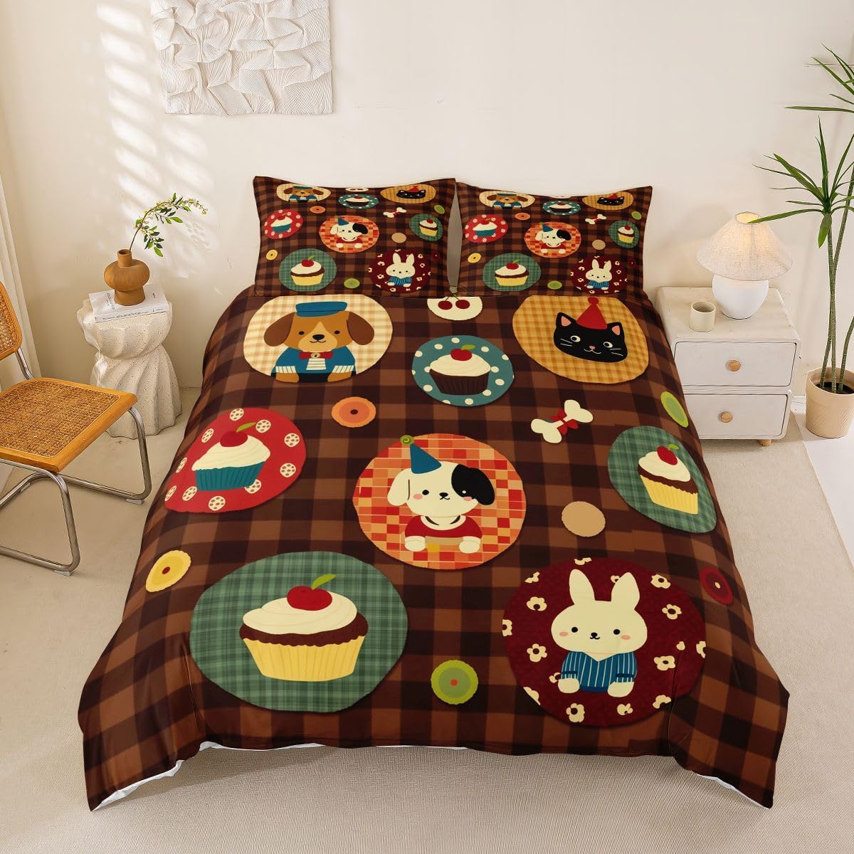 Puppy Rabbit Duvet Cover Set Toddler Size Brown Checkered Cupcake Bedding Set 2Pcs for Kids Girls Adults Room Decor Retro Cartoon Party Animal Soft Kawaii Pets Quilt Cover,1 Pillowcase(No Core)