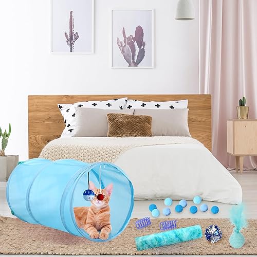 Miniatura 4 de Juego de 24 juguetes interactivos para gatos, paquete de juguetes para gatitos, incluye túnel de juego plegable, teaser de plumas, varita, resortes
