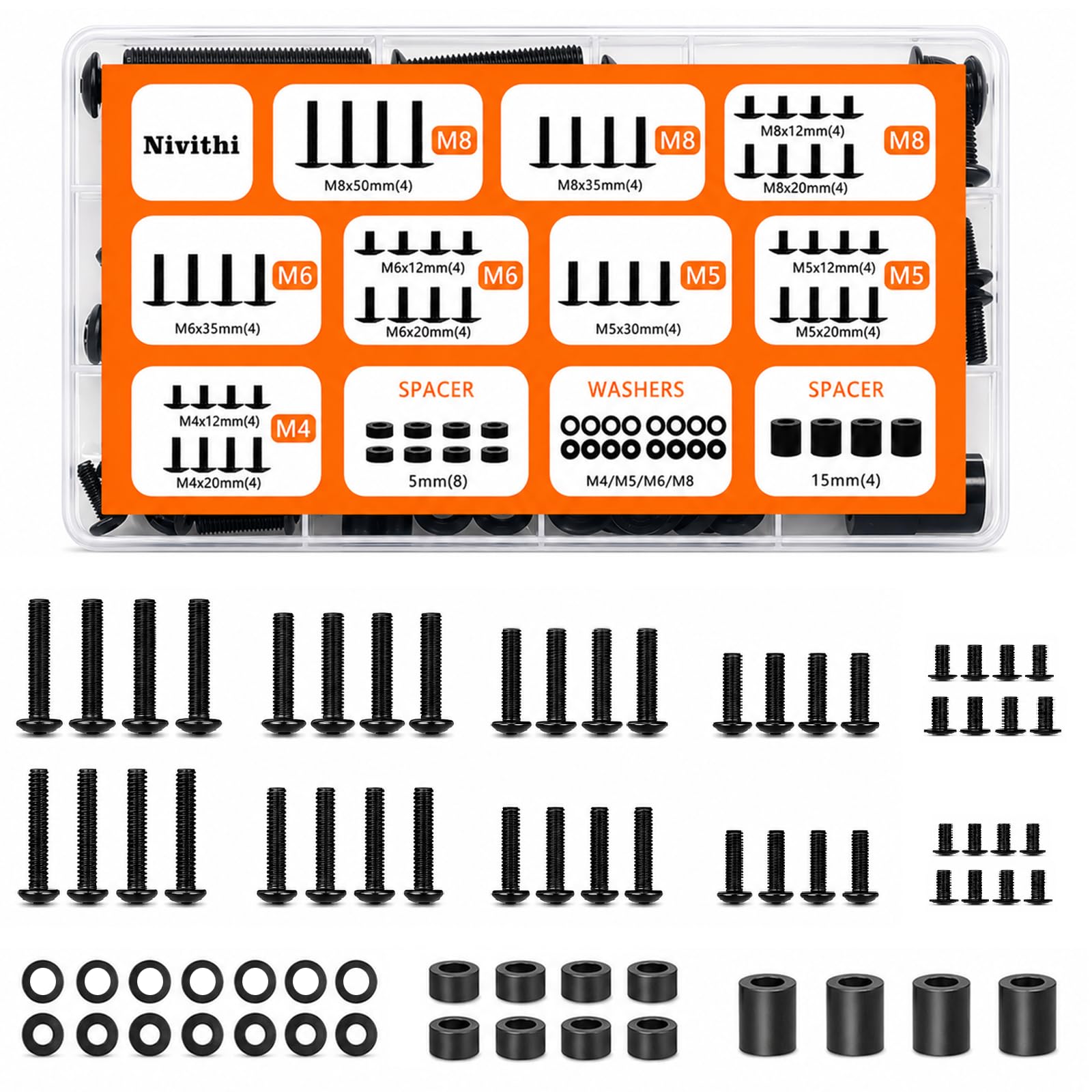 Kit Vis VESA/Montage TV (Noir/Fer) M4/M5/M6/M8+Rondelles/Entretoises.Compatible Supports Mural&TV-Standfüße,Vis de Remplacement Universel