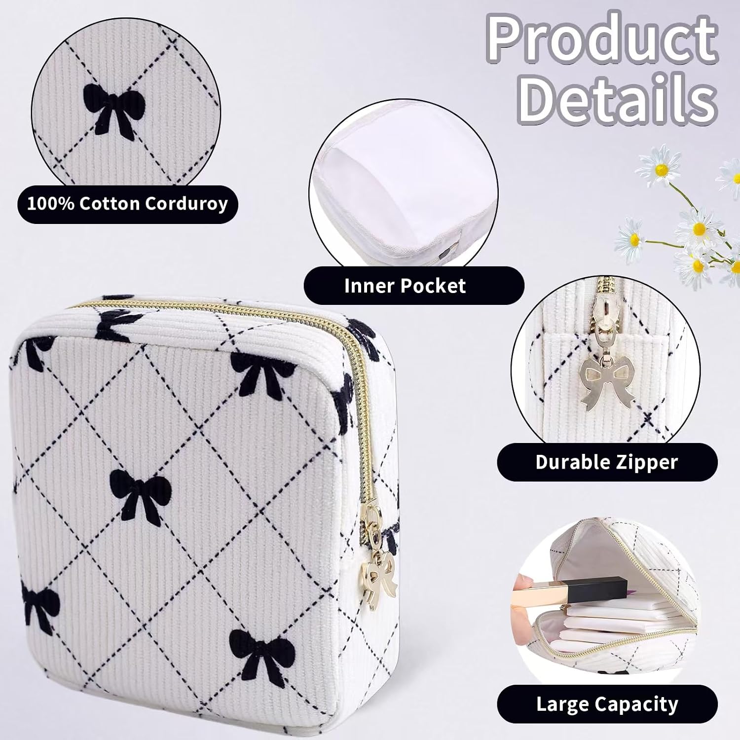 Period Bag for Women - Cute Corduroy Sanitary Napkin Storage Bag with Bow Design | Period Pouch for Daily Use, Travel | Discreet Menstrual Pouch | Pad Bags for Period Holds Pads, Tampons image 3