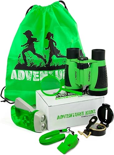Adventure Kidz - Kit de exploración al aire libre, binoculares para niños con estuche, linterna, brújula, silbato, lupa, mochila. Gran set de regalo