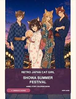 RETRO JAPAN CAT GIRL: Showa Summer Festival: Anime Story Coloring Book