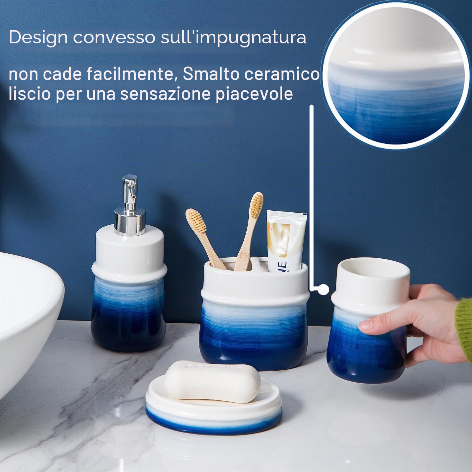 Set di accessori da bagno blu navy, 4 pezzi in ceramica blu, set di accessori decorativi per il bagno, contiene tazza spazzolino da denti, dispenser di sapone, portasapone, bicchiere