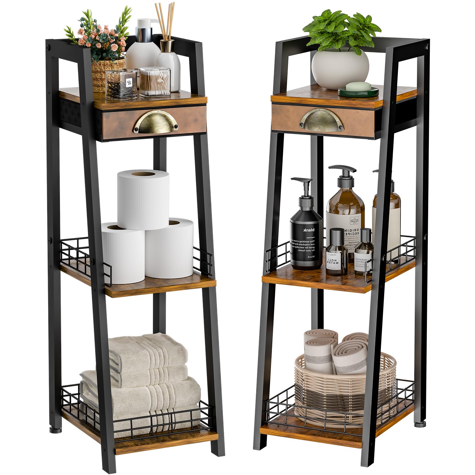 keomaisyto 3-Tier Narrow Bathroom Shelves with Drawer, Bathroom Organizers and Storage, Open Floor Ladder Shelf, Freestanding Tower Slim Standing Unit for Small Spaces - Rustic Brown