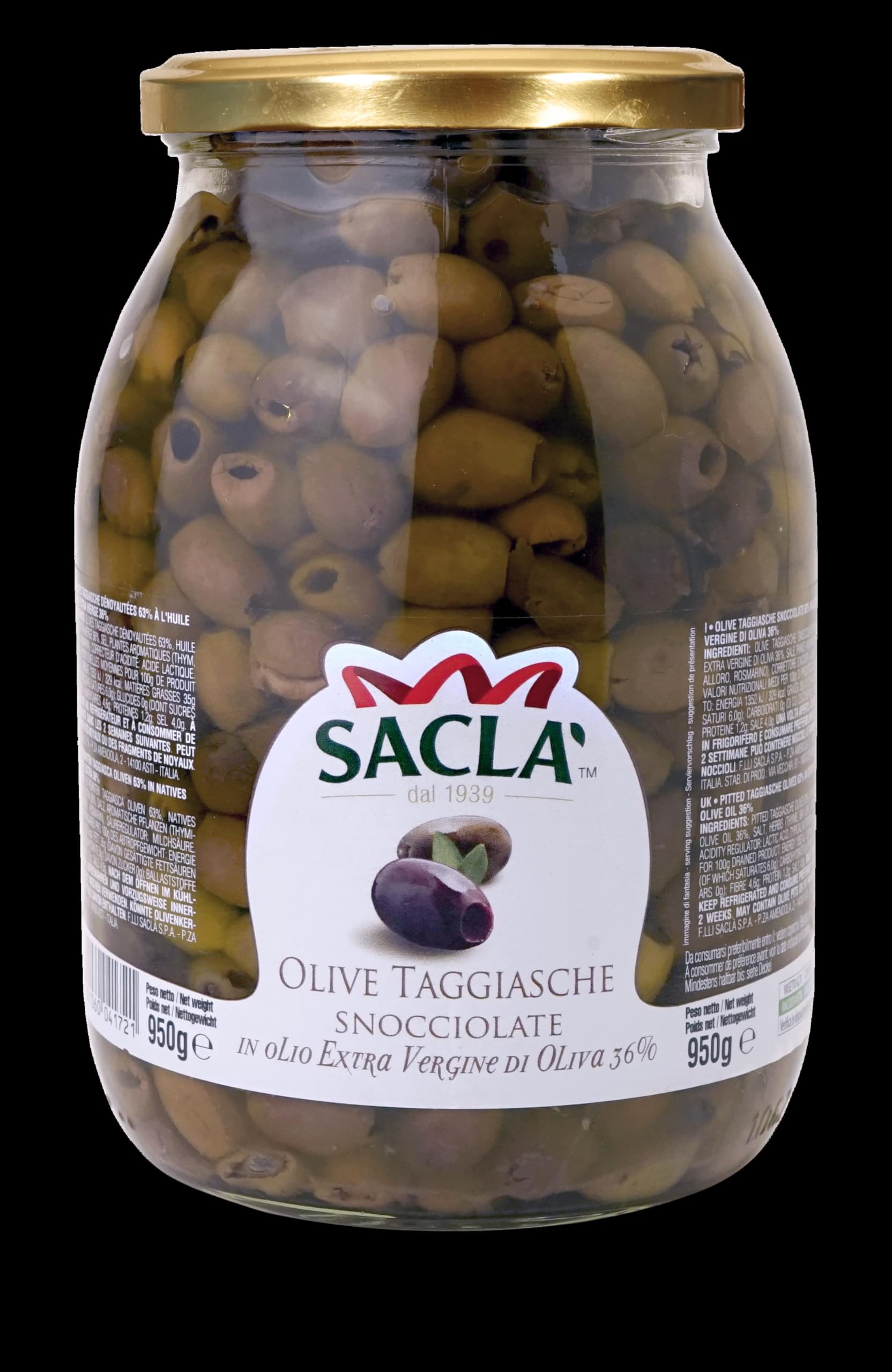 Olives Taggiasche Dénoyautées à l'Huile d'Olive Vierge Extra 950g - Saclà