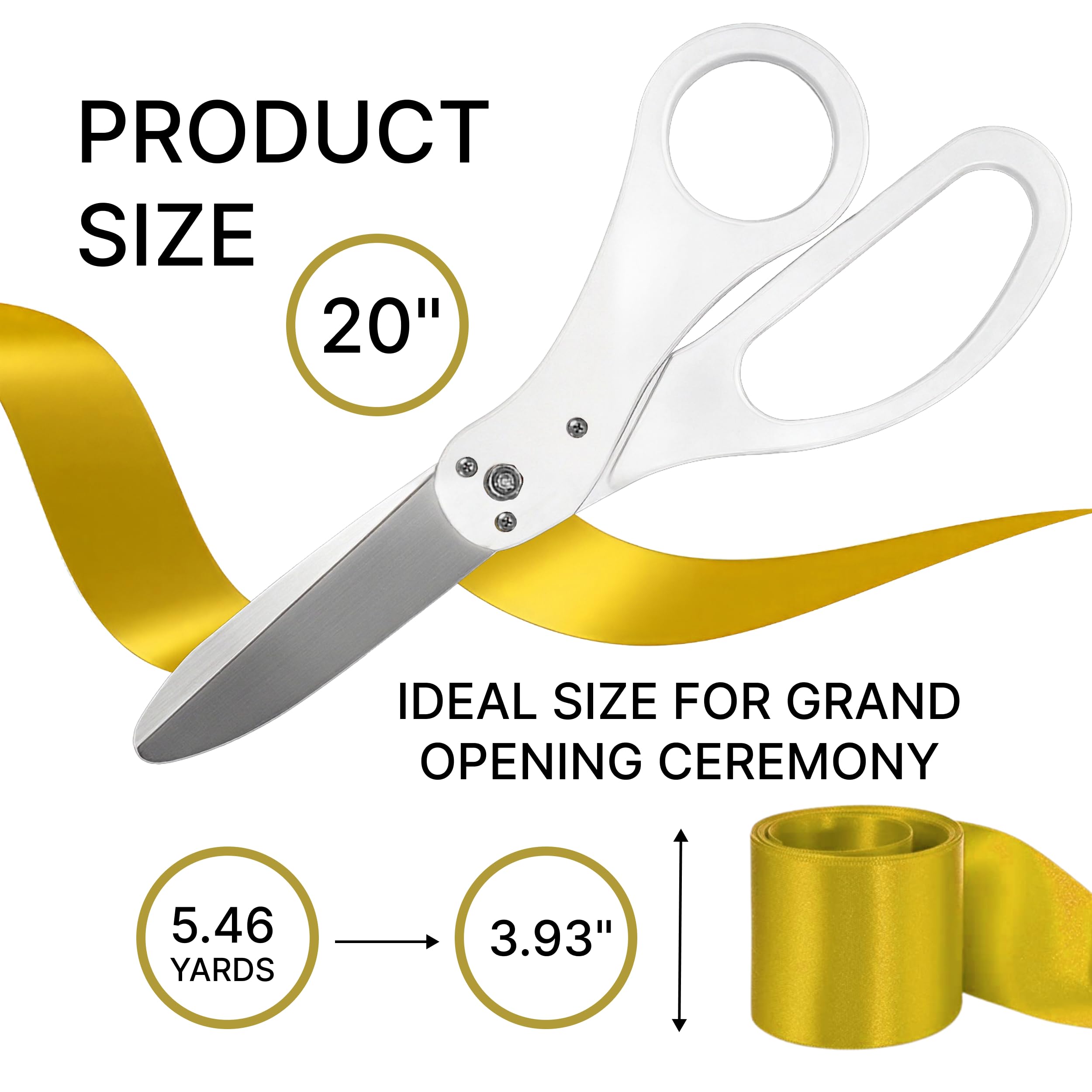 Ciseaux géants blancs de 50,8 cm – Ciseaux de cérémonie extra larges avec ruban doré pour ouvertures d'affaires, décorations d'événements et fêtes d'entreprise (50,8 cm)