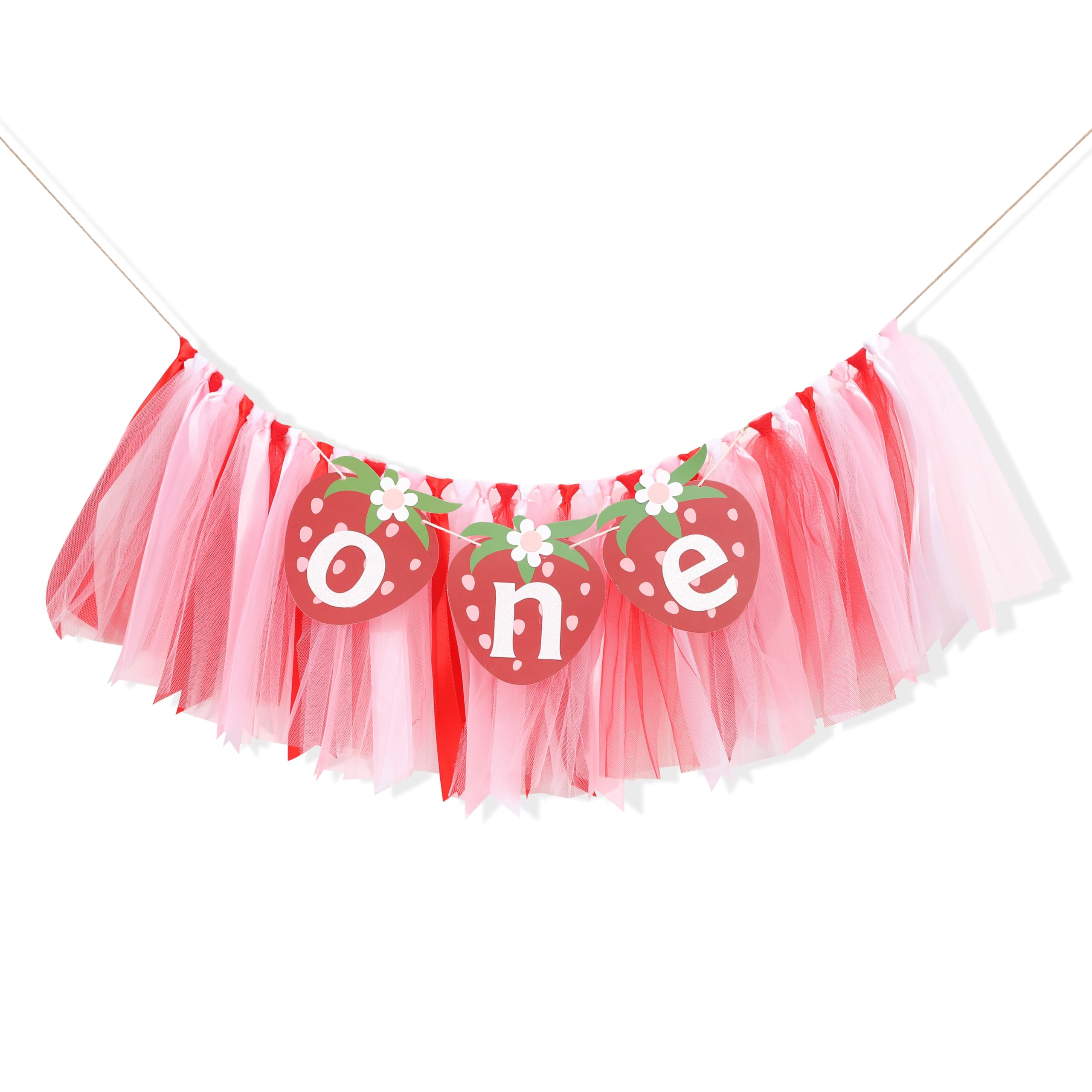 WAWUO Strawberry "ONE" High Chair Banner - 8x15 Inch First Birthday Decor, Berry Sweet Photo Prop