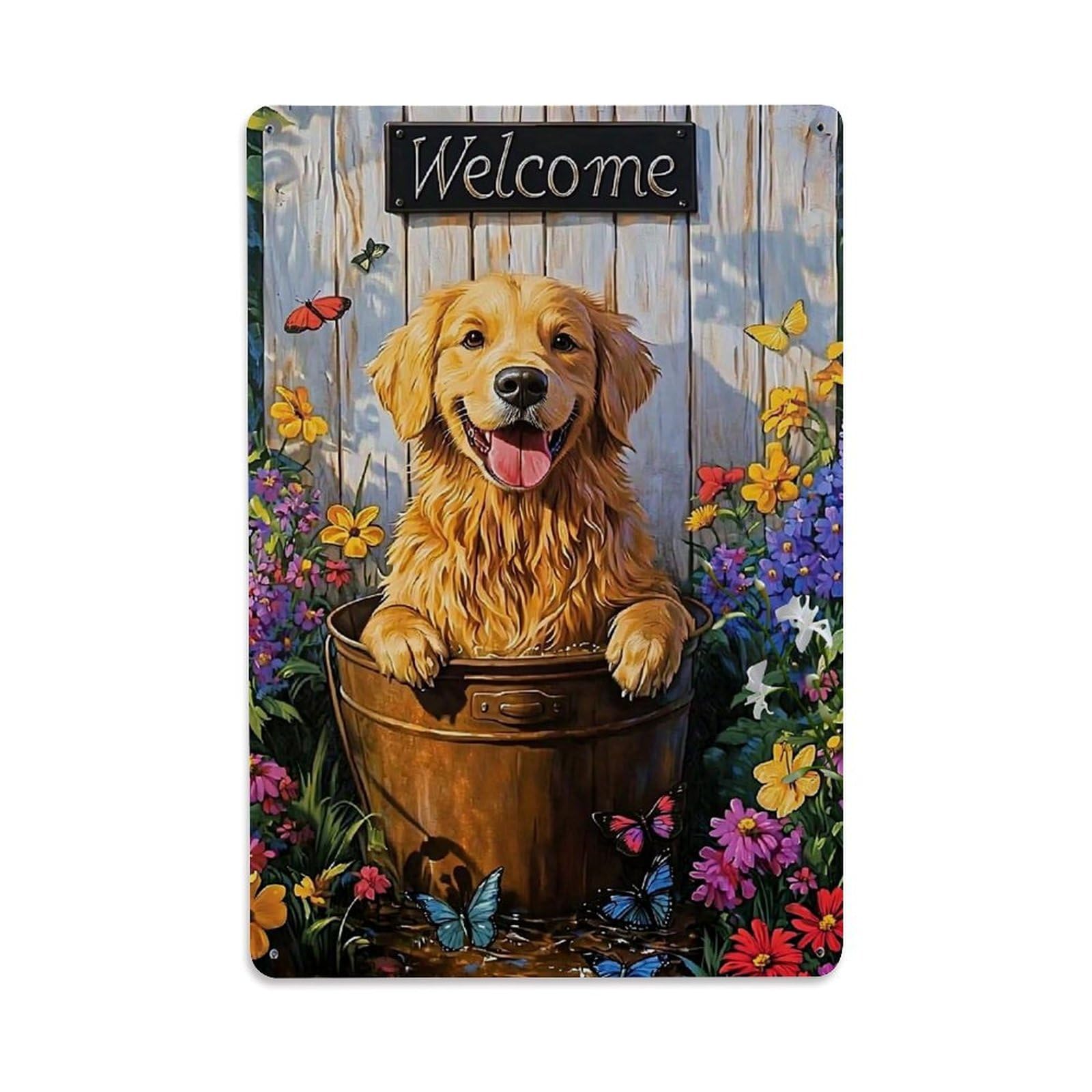 Golden Dog In Bucket Garden Retro Metal Tin Sign, Vintage Decor Art Poster for Bar, Home, Man Cave, Kitchen, Laundry Room Gift 8x12Inch