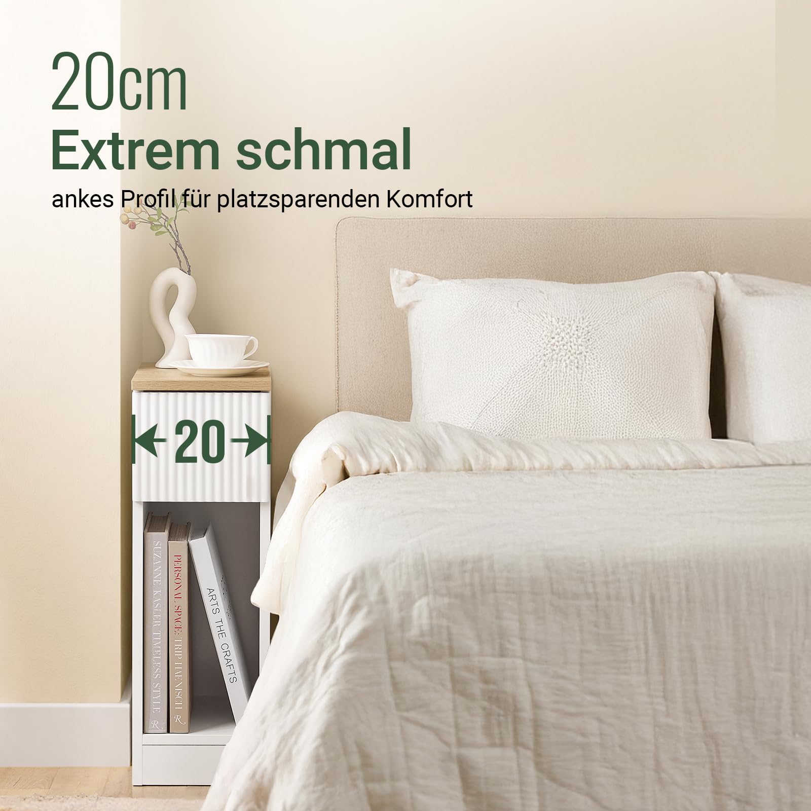 SoBuy Nachttisch schmal 20cm mit wellenförmige Schubladenfront, 20x35x60cm | Nachtschrank Beistelltisch mit Sockelleisten-Design, platzsparend für Schlafzimmer, Wohnzimmer & kleine Räume, Weiß FBT111-W