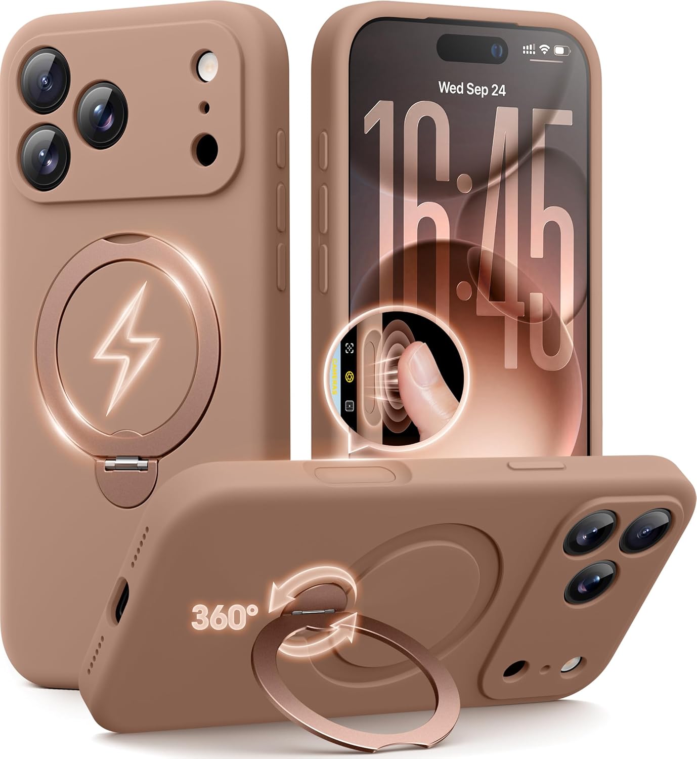 GolbinBox for iPhone 17 Pro Max Case with 360° Spin Magnetic Stand, [Compatible with MagSafe] [Full Camera Protection], Shockproof Liquid Silicone Case with Ring Kickstand for 17 Pro Max 6.9'', Brown