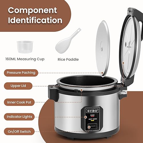 Miniatura 8 de SYBO Arrocera comercial y calentador, 60 tazas cocidas (30 tazas sin cocinar), olla arrocera grande con tapa con bisagras, olla de inserción