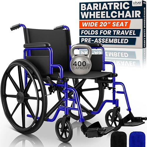 Vive Bariatric Wheelchair for Adults (Supports 400 lbs) - Foldable, Heavy Duty, Manual & Transport Wheel Chair - Portable Senior Drive Travel Scooter for Transfers - Wide 20" Seat