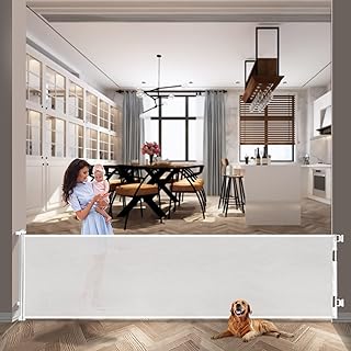 118 Inch Extra Wide Retractable Baby Gate,Mesh Large Baby Gate or Mesh Pet Dog Gate, Opening Wide Extra Long Child Safety Gate for Indoor Baby Fence, Outdoor, Driveway, Stairs, Hallways, Deck (White)