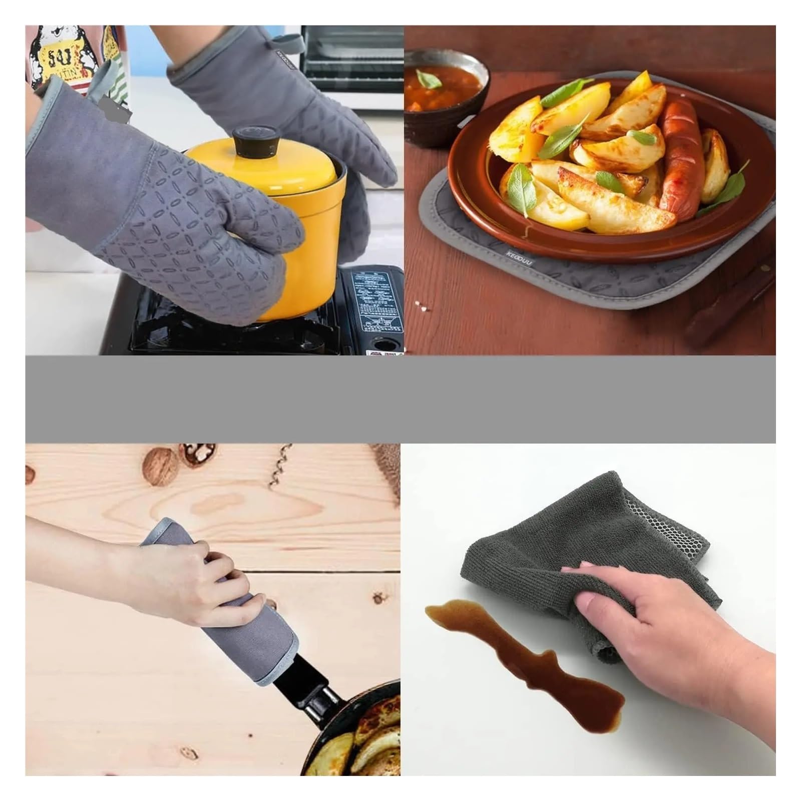 Genérico Set de Guantes de Horno de 6 Piezas, Silicona Microfibra, Gris