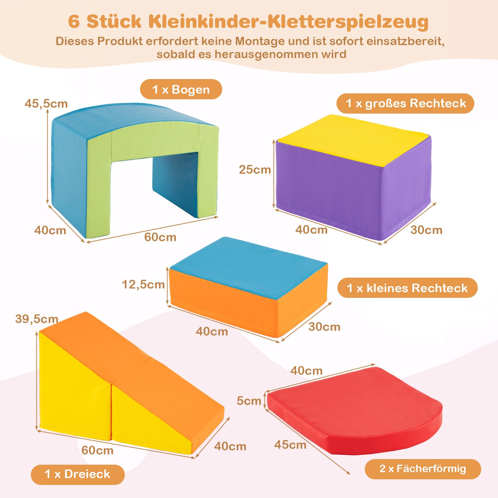 GOPLUS 6er Set Schaumstoffbausteine, Softbausteine zum Klettern & Rutschen, Riesenbausteine aus Kunstleder & Schaumstoff, Großbausteine Softbausteine für Baby Kleinkinder ab 1 (Bunt)