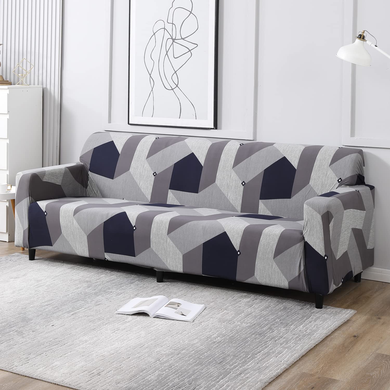HOKIPO Polyester Blend Elastic Stretchable Universal Sofa Cover 4 Seater (Ar-4280-E14, Grey)