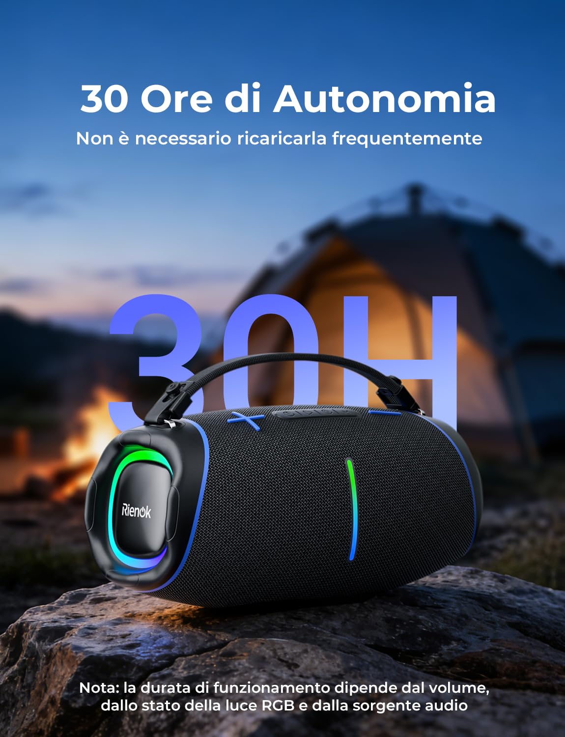 RIENOK Cassa Bluetooth Potente 100W, Impermeabile IPX6 per Esterno Feste | 2 Tweeter 2 Woofer, Supporto USB /Scheda TF /AUX, 30 Ore di Autonomia, Vero Stereo Senza Fili, Chiamate in Vivavoce