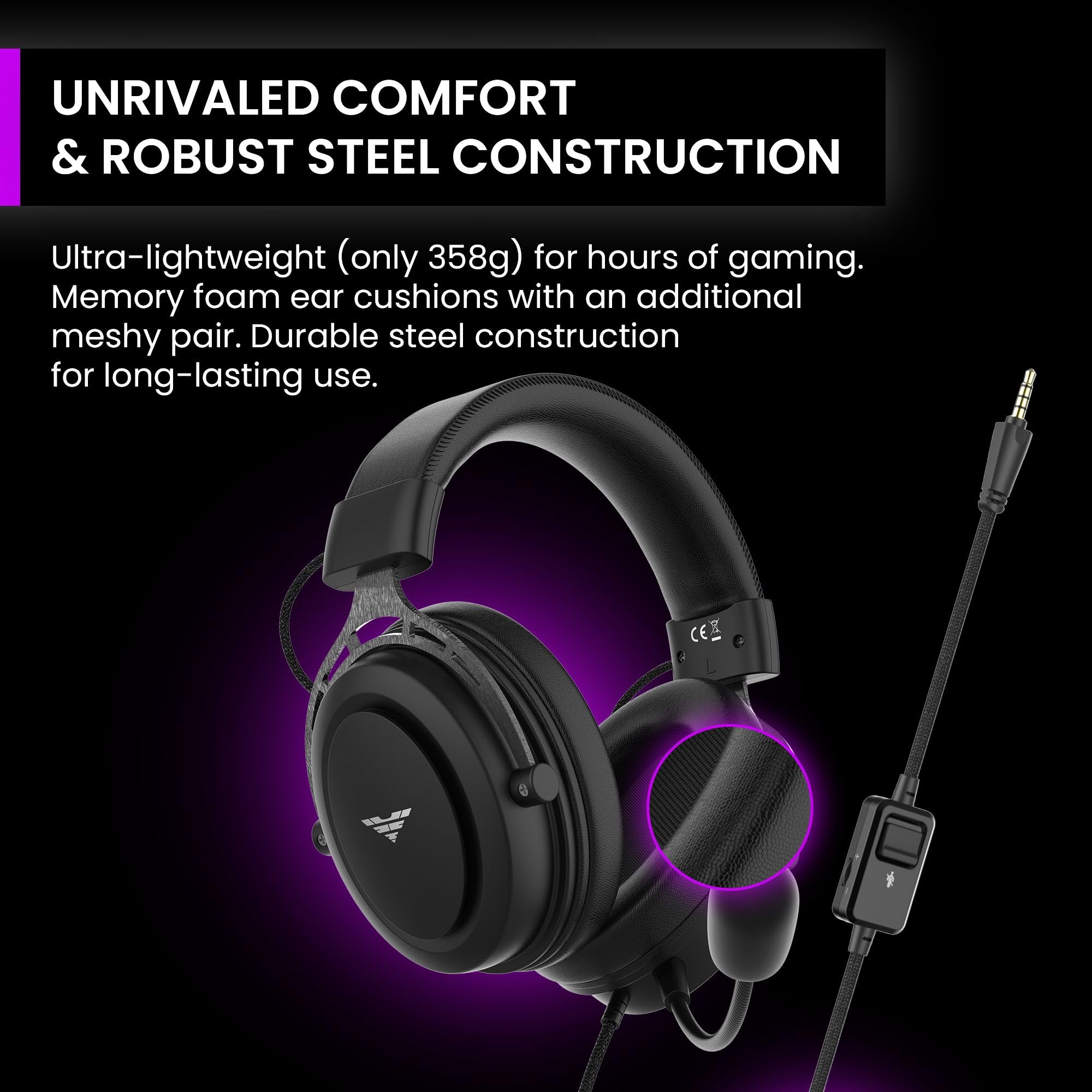 PREYON Cuffie Gaming PS5 con Filo e Microfono Headset per PC Xbox Musica PS4 - Headphones Accessori Cavo Jack USB Over Ear Stereo Surround Padiglioni Morbidi Streaming E-sport - Storm Fly II Nero