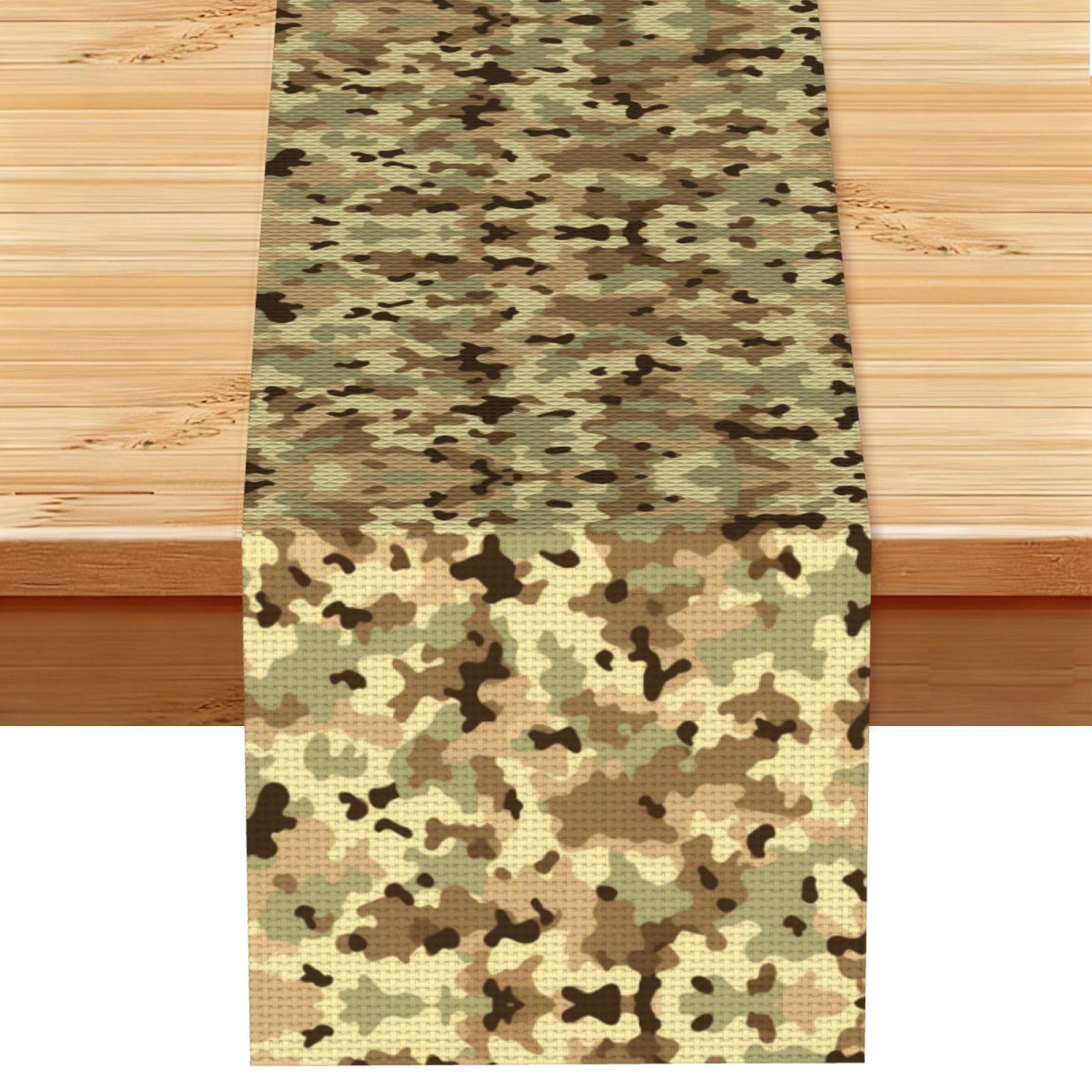 Subtle Khaki Camo Printed Table Runner 13 x 72, Wrinkle Resistant Decor for Dining Table Coffee Table Fireplace