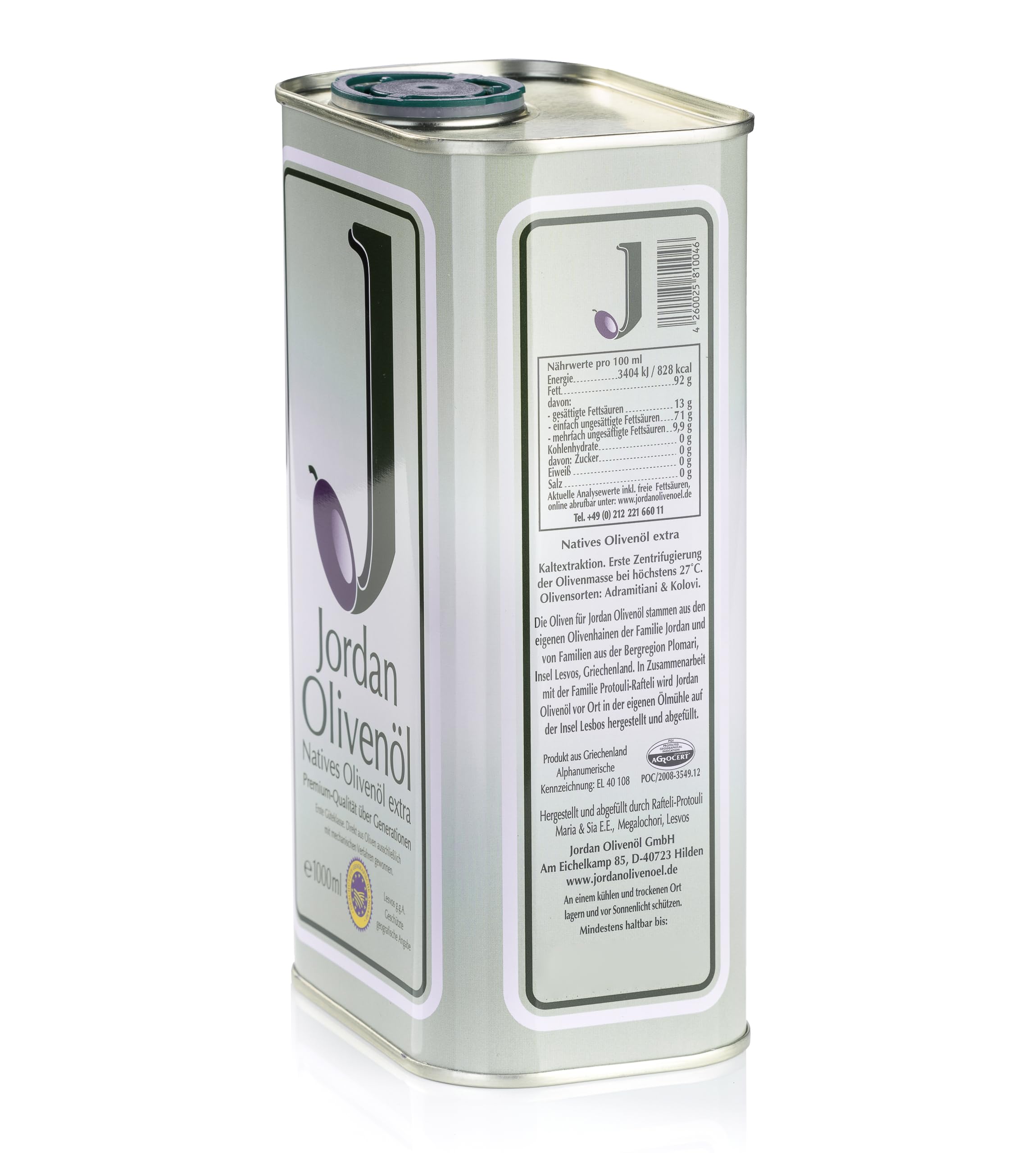 Jordan Olivenöl - Natives Olivenöl Extra von der griechischen Insel Lesbos-traditionelle Handernte -Kaltextraktion am Tag der Ernte -Kanister im traditionellen Retro-Design mit Ausgießer, 1Liter