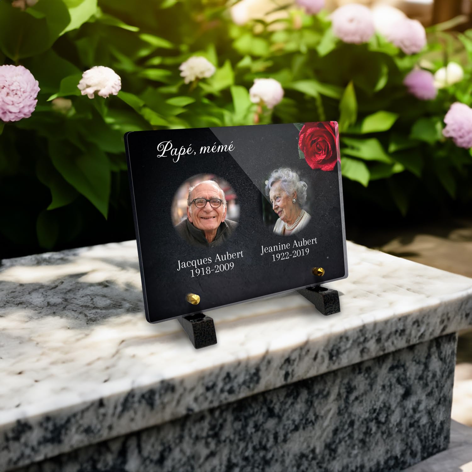 Plaque funéraire Personnalisable en plexiglass avec Double Photos, Hommage pour Couples, Motif Rose, Format 20x15 cm