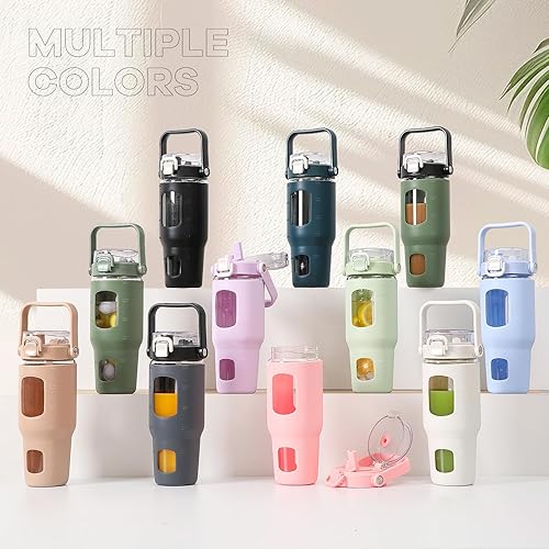 Miniatura 7 de BLUEGO Botellas de agua de vidrio de 56 onzas con marcador de tiempo y pajilla, botella de agua motivacional grande de medio galón con funda de