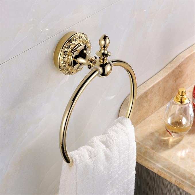 BigBig Home Toallero de Aro con Monteje en Pared en Baño y Cocina, de Cobre Nunca Se Oxida Acabada Dorado, Toallero Anillo de Perforación