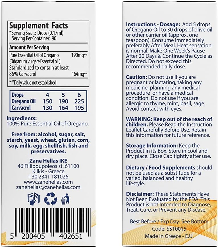 Zane Hellas 190 mg Oregano Oil-164 mg Carvacrol per Serving-4 Drops Daily. 100% Greek Undiluted Oil of Oregano. 86%-90% Min Carvacrol. Probably The Best Oregano Oil in The World. 0.5 fl. oz.- 15ml. : Health & Household