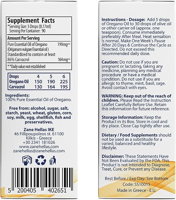 Zane Hellas 190 mg Oregano Oil-164 mg Carvacrol per Serving-4 Drops Daily. 100% Greek Undiluted Oil of Oregano. 86%-90% Min Carvacrol. Probably The Best Oregano Oil in The World. 0.5 fl. oz.- 15ml.